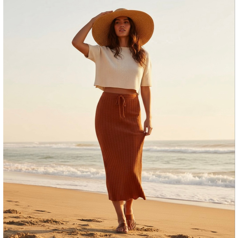 Free People Beach Burnt Orange Ribbed Pull On Drawstring Waist Midi Beach Skirt